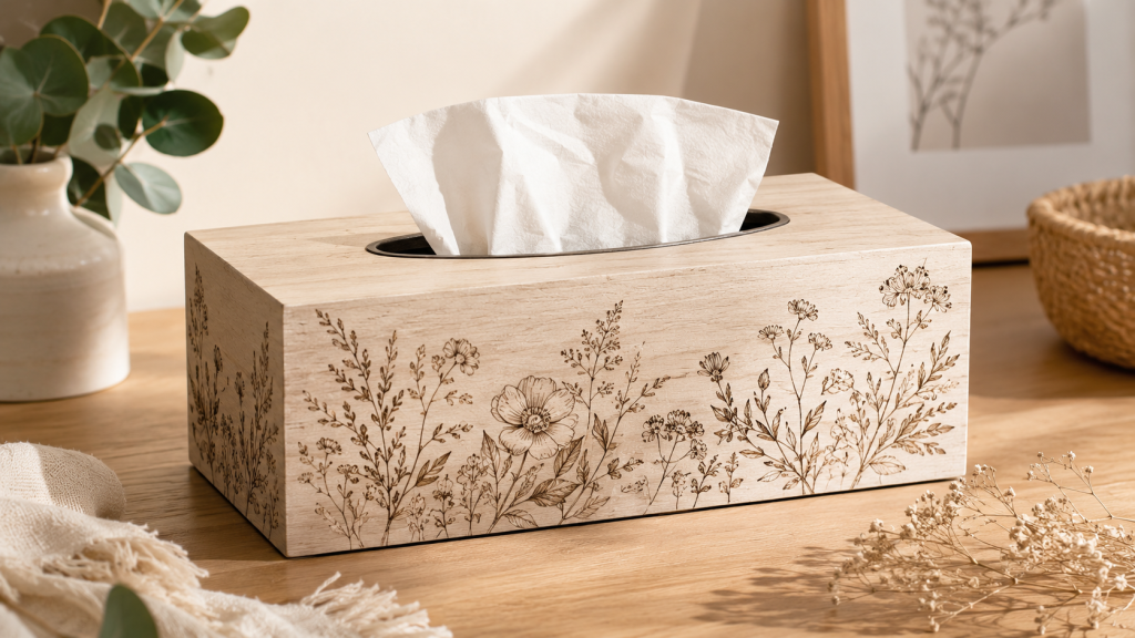 Boîte à mouchoirs en bois brut décorée avec peinture et serviettage