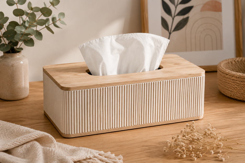Boîte à mouchoirs fabriquée en carton avec du tissu collé